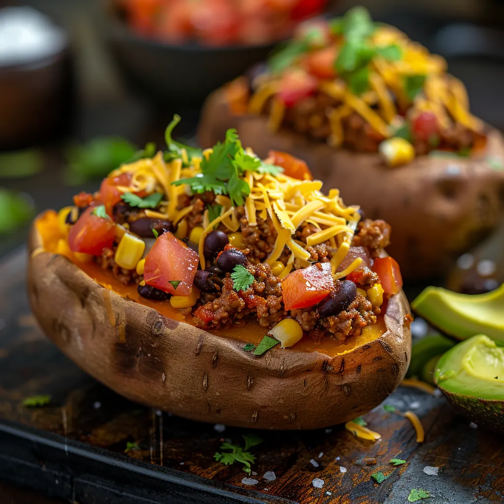 A vibrant stuffed sweet potato filled with ground meat, black beans, and corn, garnished with diced tomatoes and sour cream.