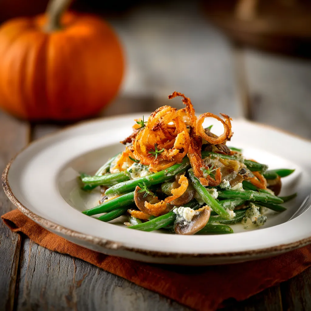 A beautifully plated Green Bean Casserole with creamy sauce and golden fried onions.