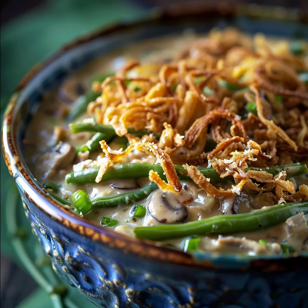 Delicious green bean casserole with creamy texture and melted cheddar cheese, displayed in a warm setting.