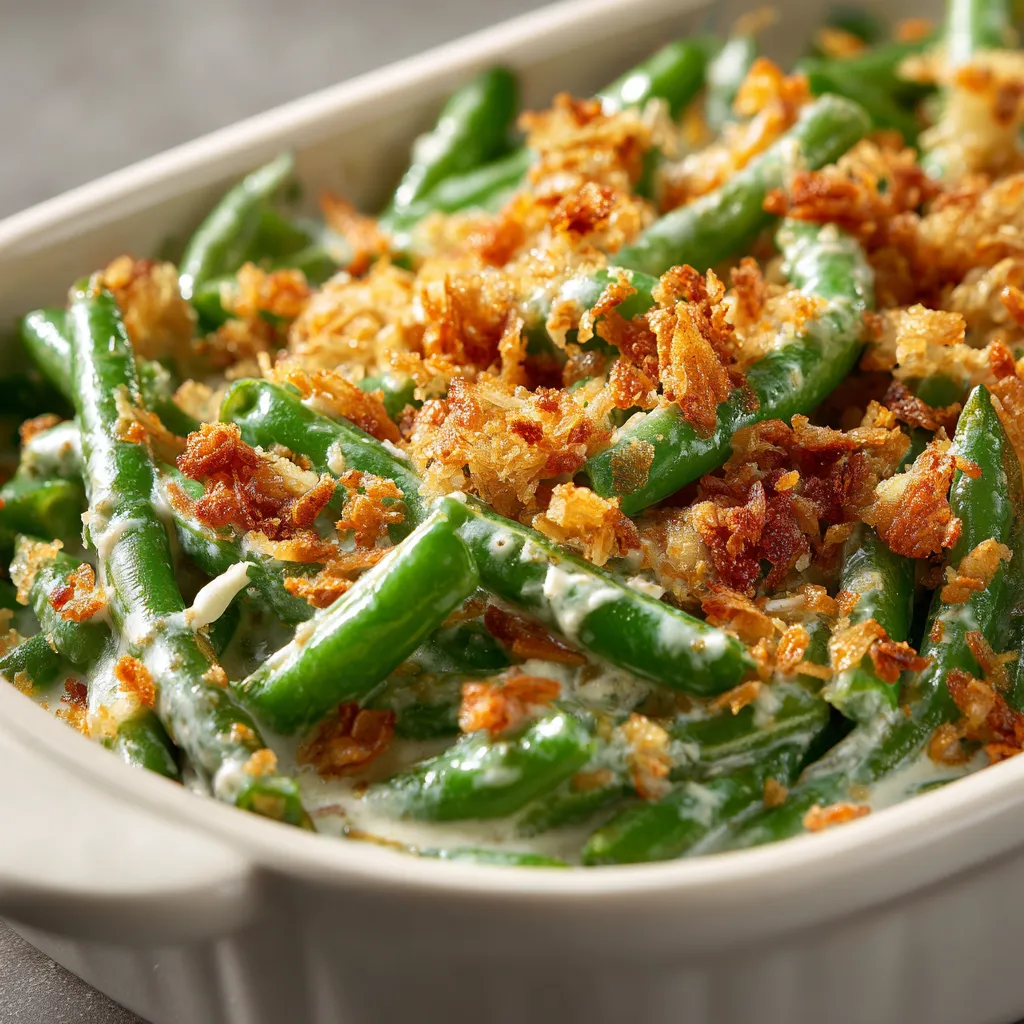 Delicious Southern green bean casserole in a dish, featuring a golden crust and creamy texture.