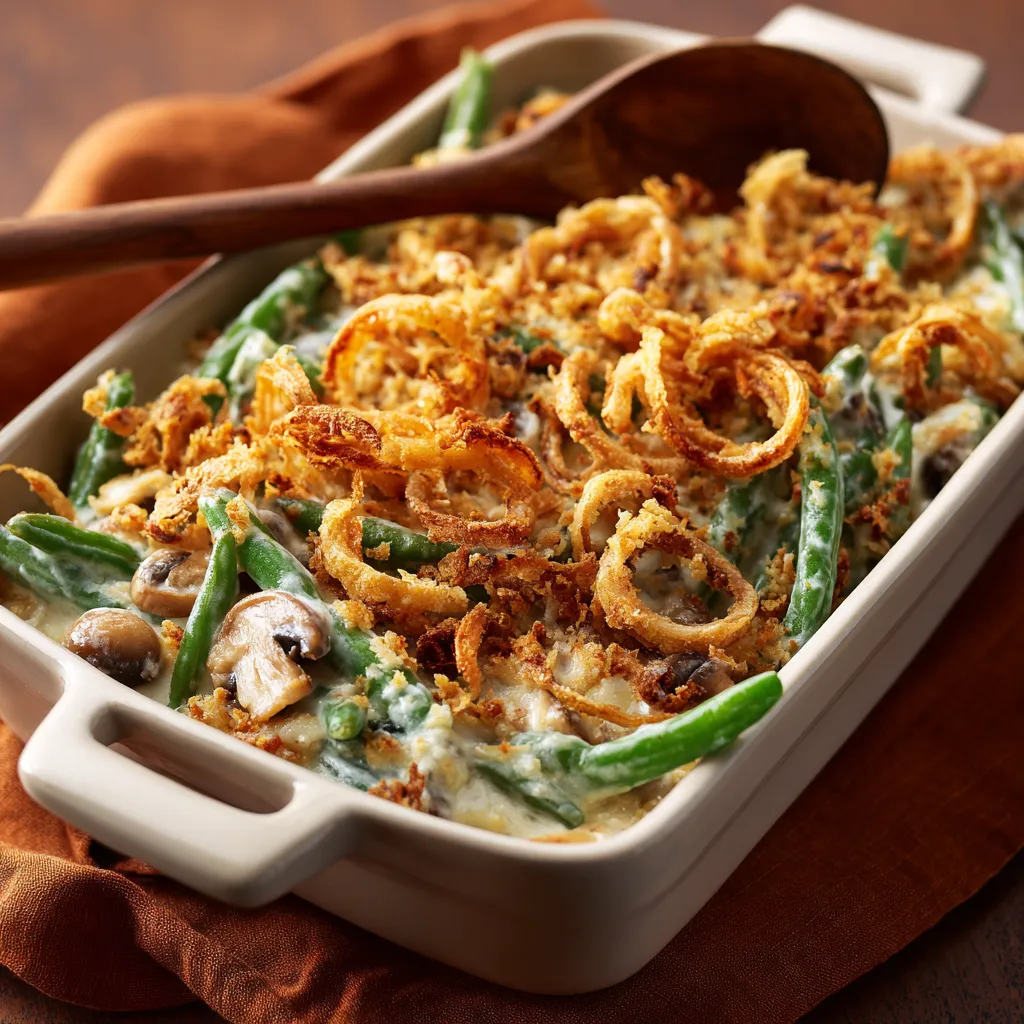 Creamy Green Bean Casserole served in a dish, showcasing its rich texture and onion topping.