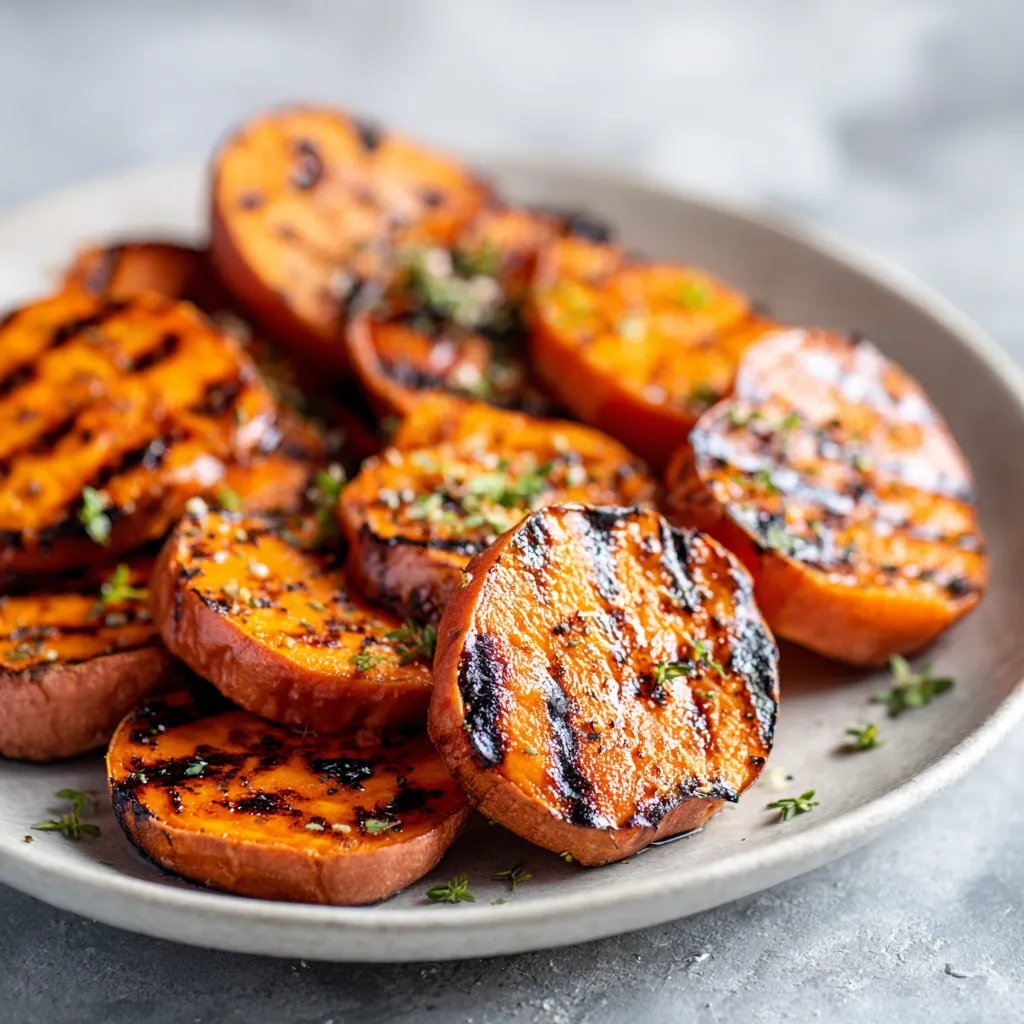 Beautifully roasted sweet potatoes drizzled with hot honey and surrounded by herbs.