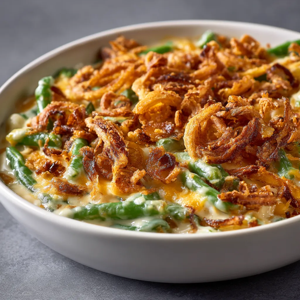 An appetizing Southern Green Bean Casserole in a dish, featuring layers of green beans, cheese, and a crunchy topping, illuminated by natural light.