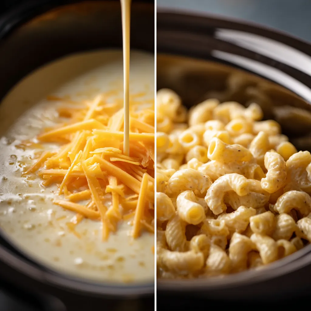 Velvety macaroni and cheese in a crockpot, showcasing rich textures and bubbling cheese.