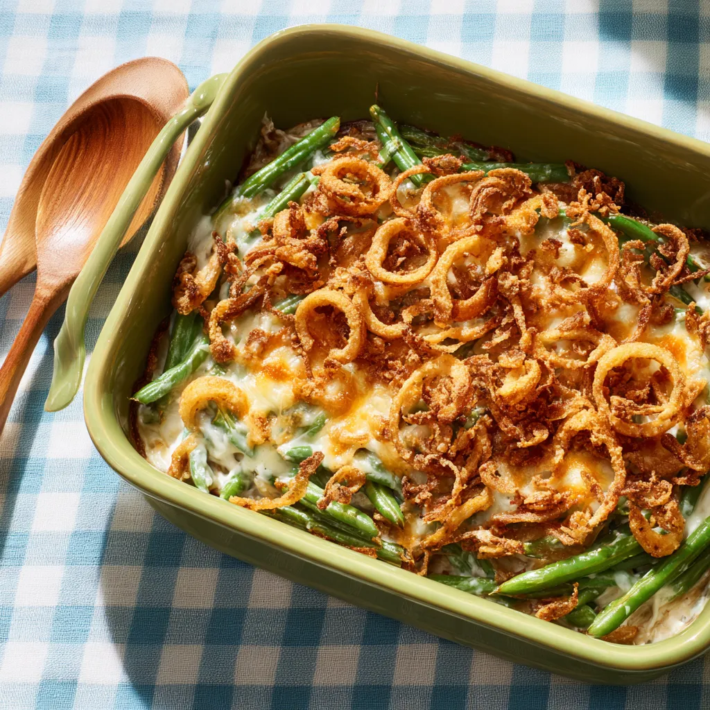 Delicious Green Bean Casserole in a dish, showcasing creamy texture and golden onions.