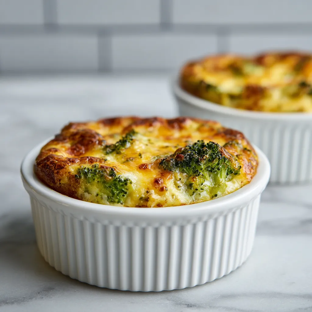 Delicious broccoli casserole in a baking dish, featuring golden cheese and fresh green broccoli.