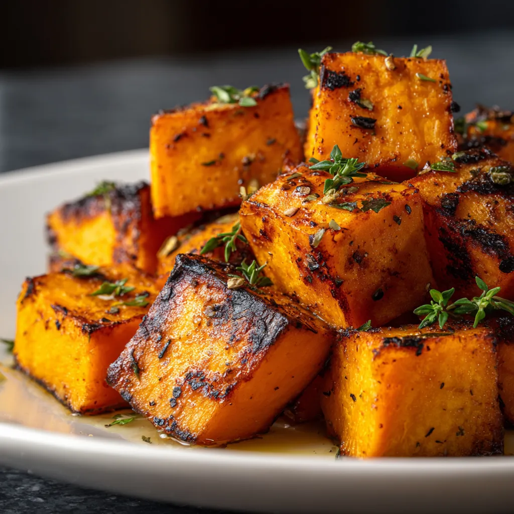 Eye-level shot of golden-brown roasted sweet potatoes with a soft, blurred background.