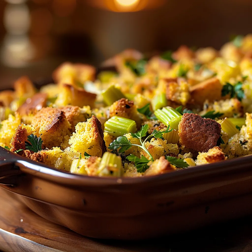 Delicious cornbread stuffing featuring golden cubes, herbs, and warm lighting.