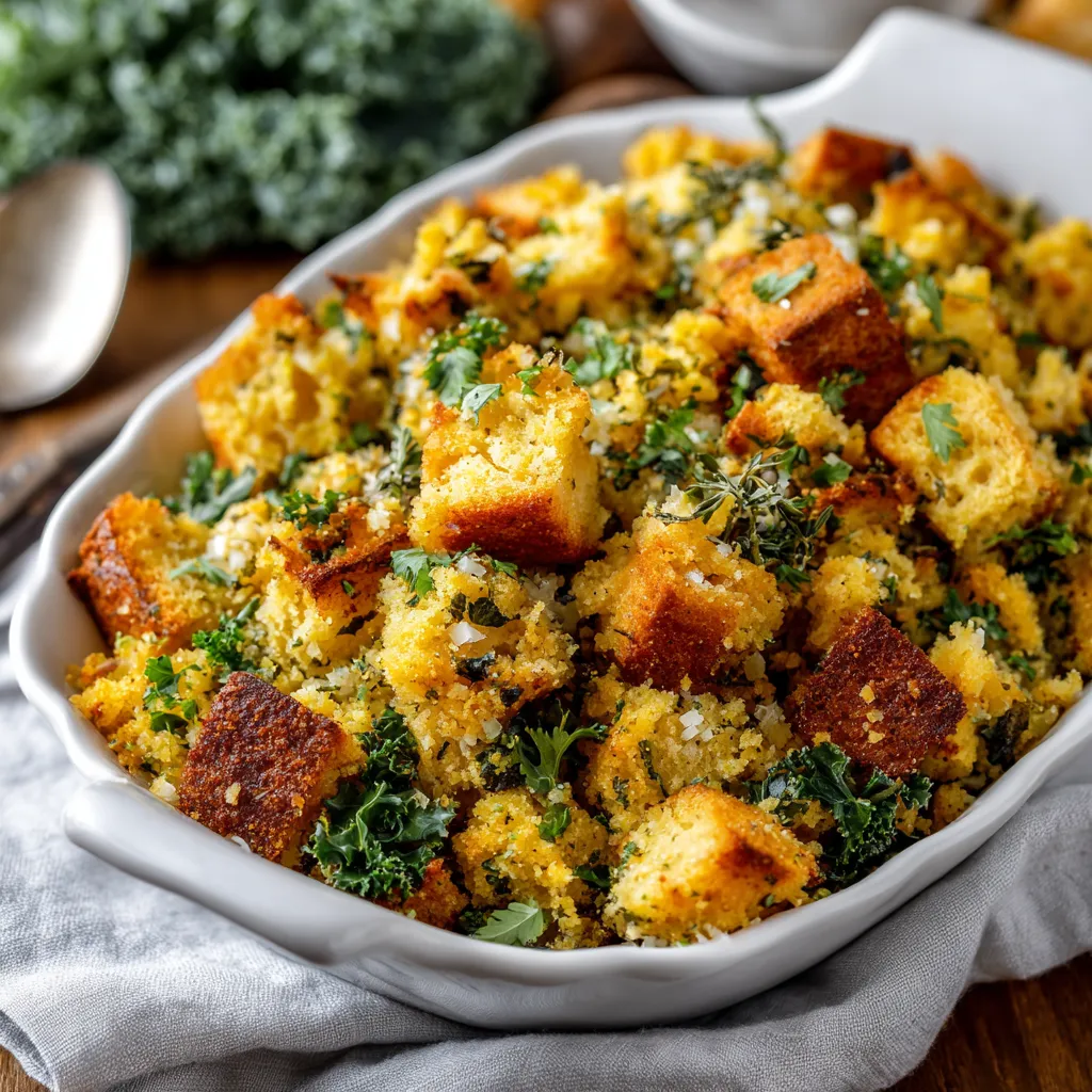 Warm cornbread stuffing with a golden hue, garnished with herbs.