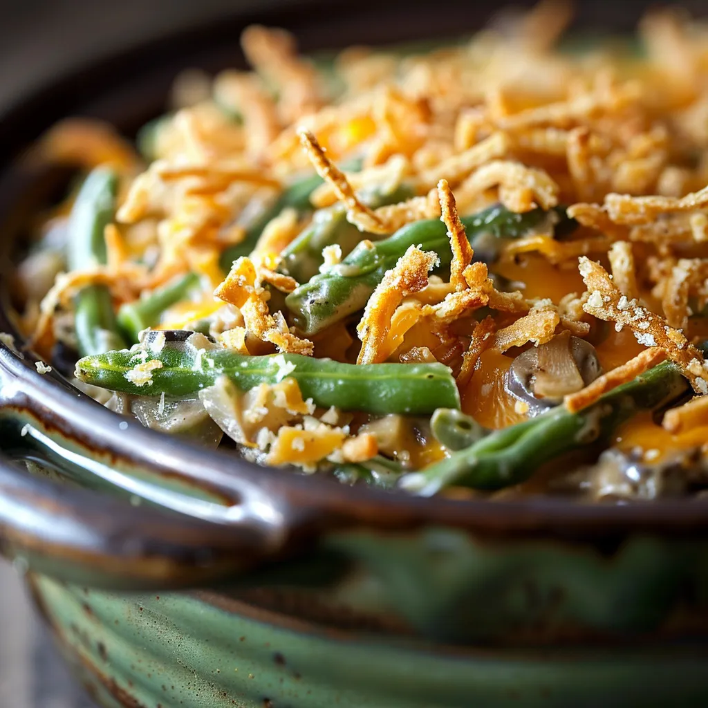 A beautifully presented dish of green bean casserole with a golden crispy topping.