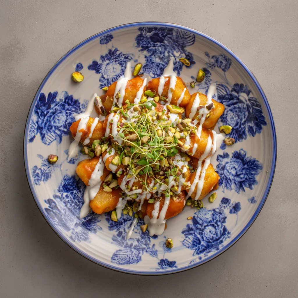 Eye-level view of delicious sweet potato gnocchi, showcasing its texture and color.