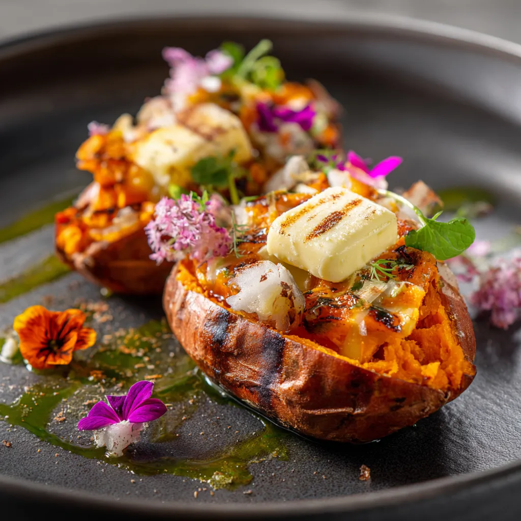 Warmly lit image of a baked sweet potato, highlighting its smooth texture and natural sweetness.
