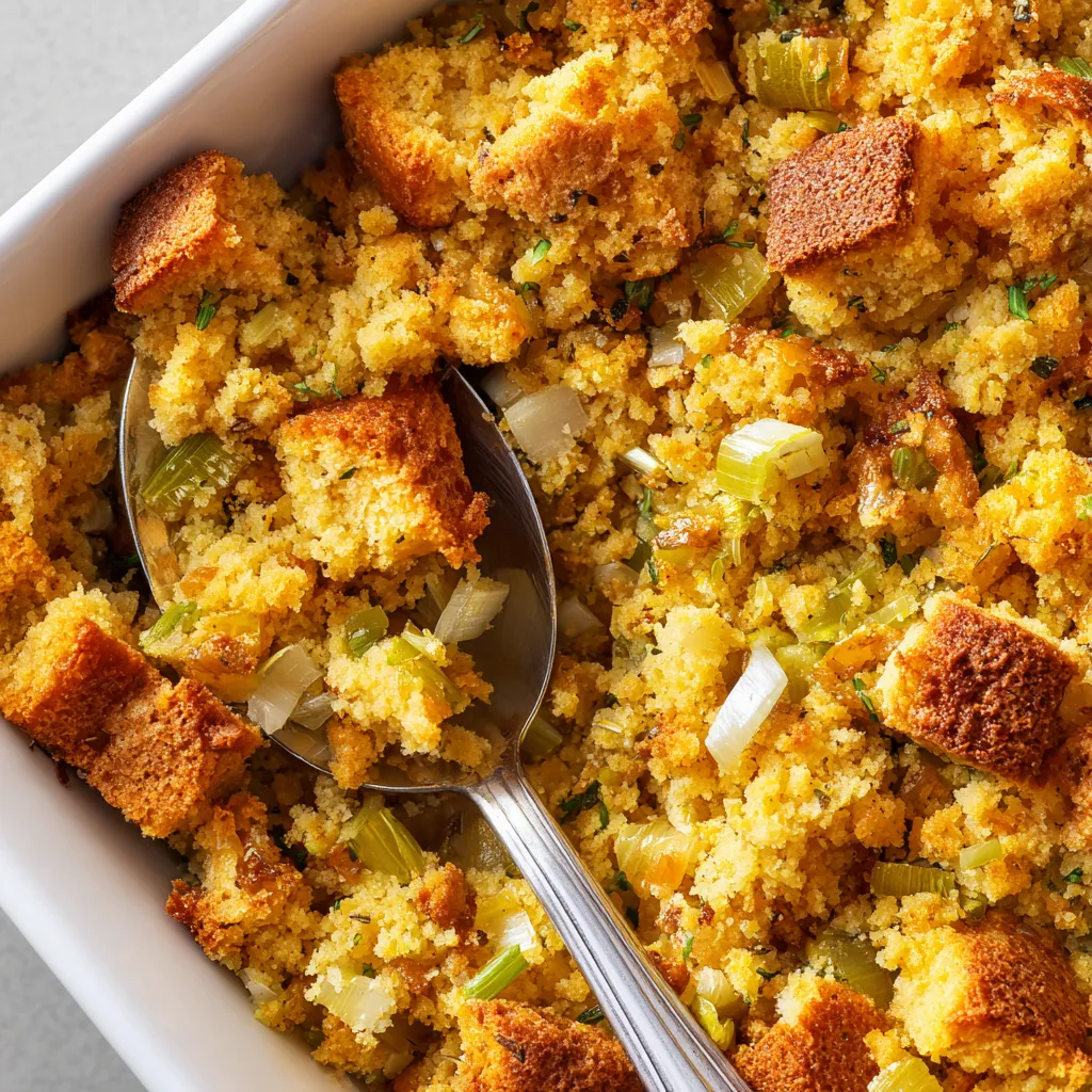A warm serving of Jiffy Mix cornbread stuffing highlighted by natural lighting, showcasing its texture.