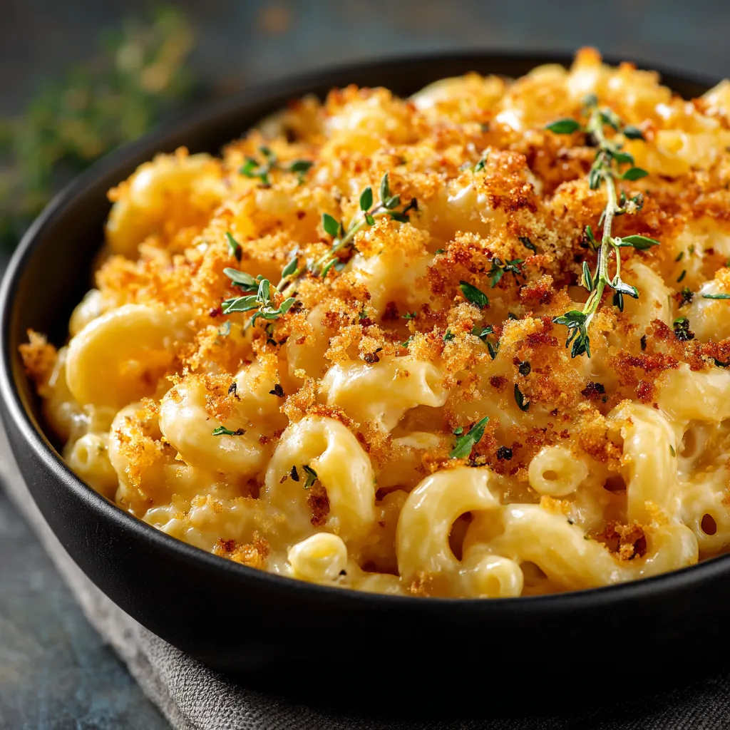 Bowl of macaroni and cheese, featuring a creamy texture and cheese pull.