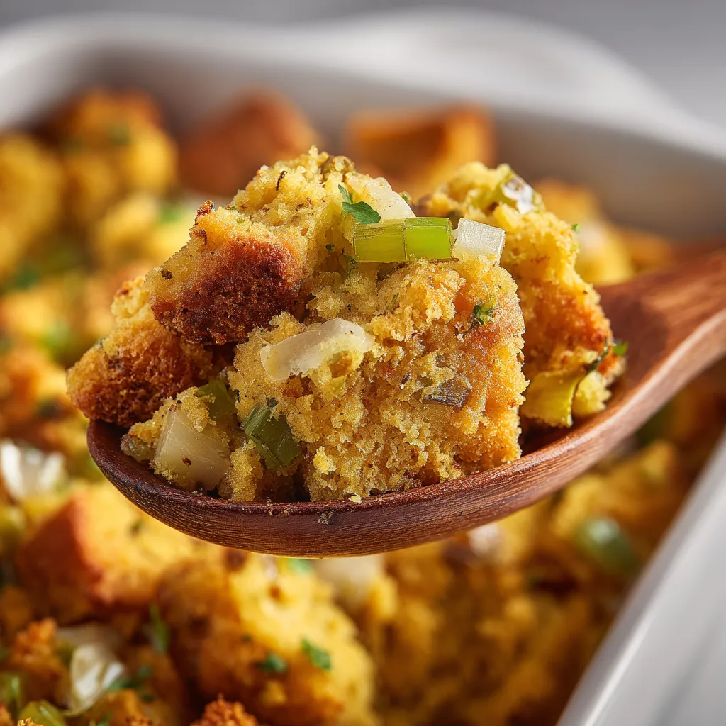 Delicious Jiffy Cornbread Stuffing displayed in a rustic dish, showcasing its rich textures.