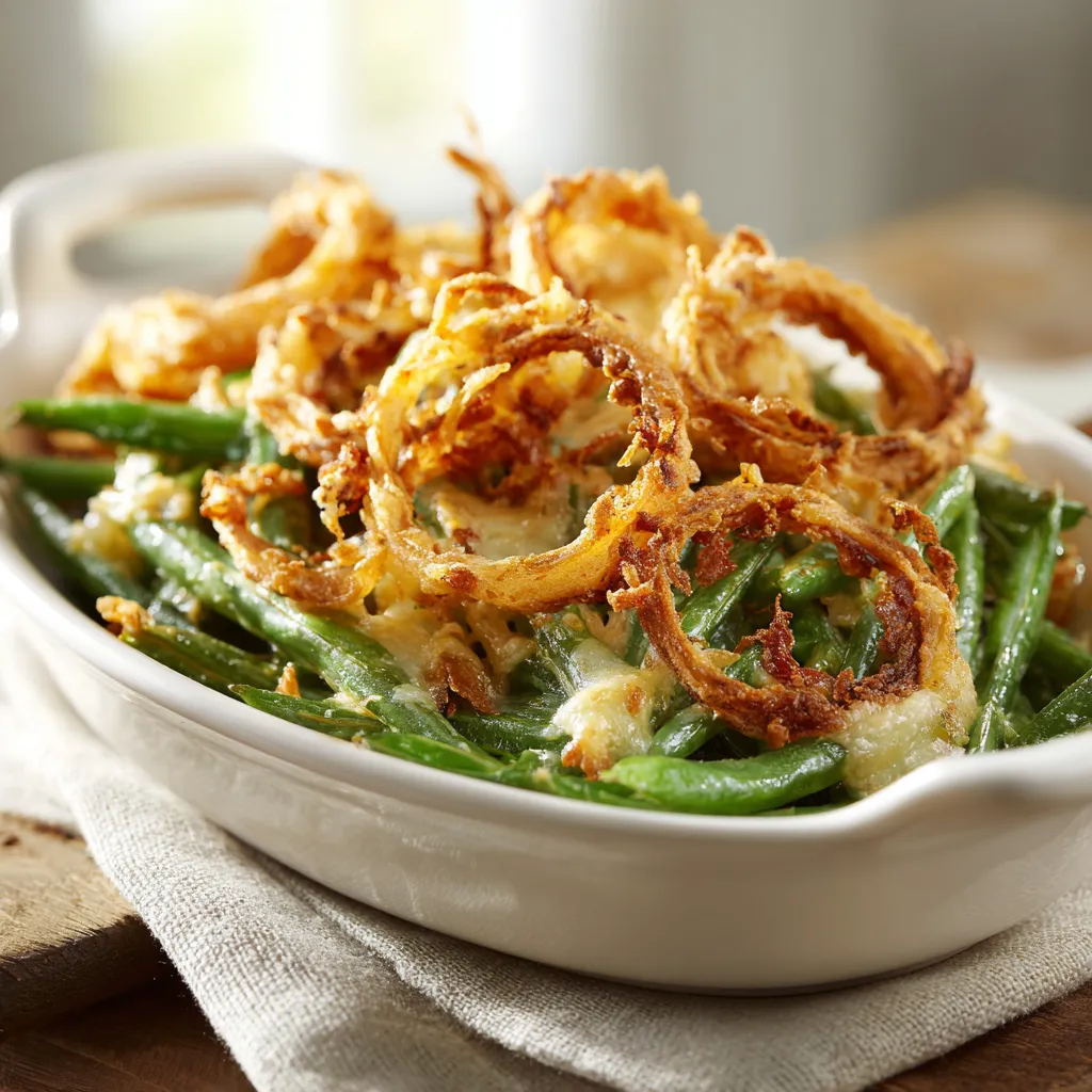 Delicious green bean casserole served in a rustic dish, garnished with golden onion topping.