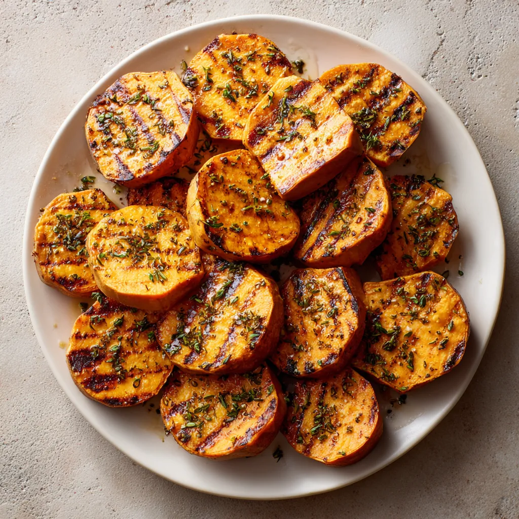 Savory roasted sweet potatoes with a buttery garlic glaze, garnished with parsley.