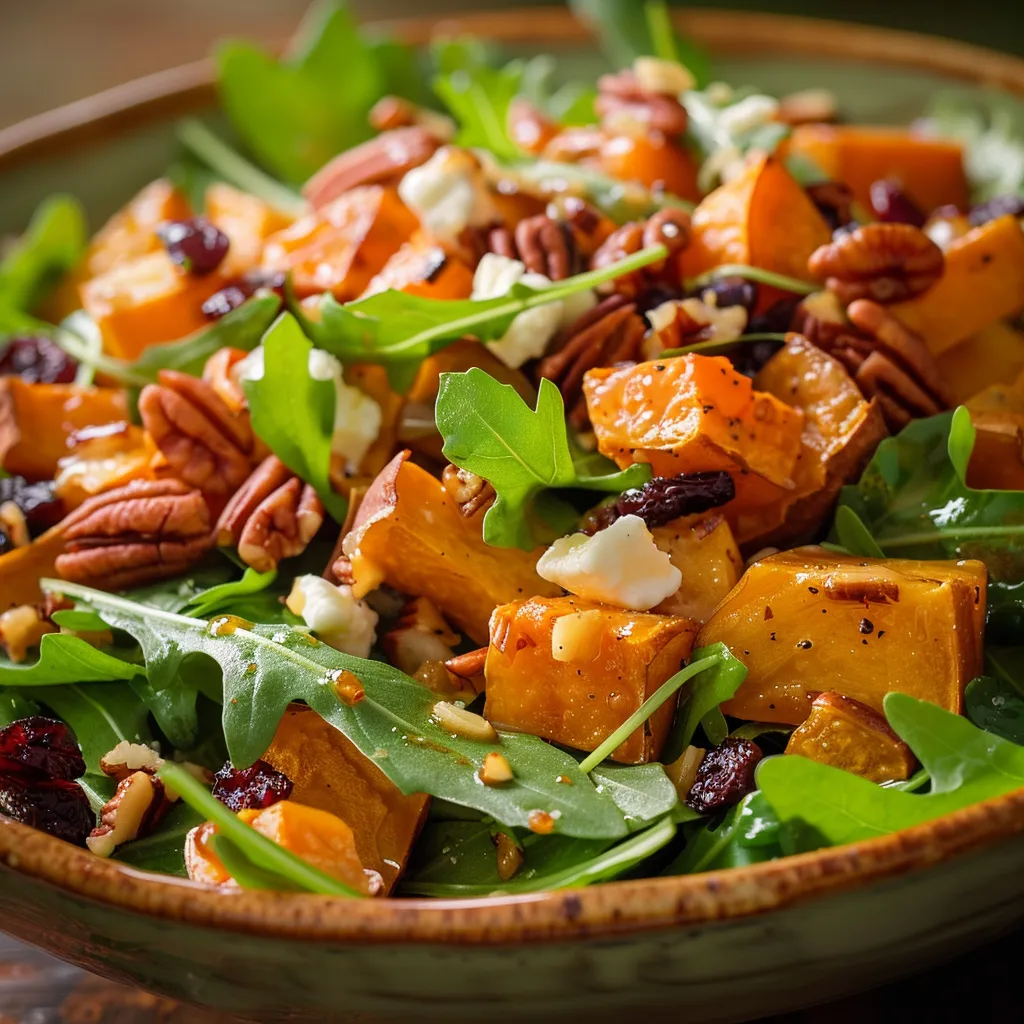 Detailed shot of Sweet Potato Salad with greens, apples, and candied pecans.