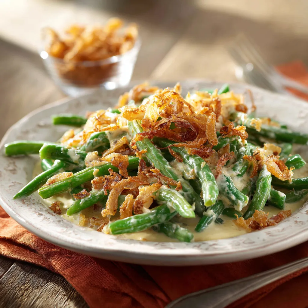 A delicious Crock Pot Green Bean Casserole with melted cheese and golden onion garnish.