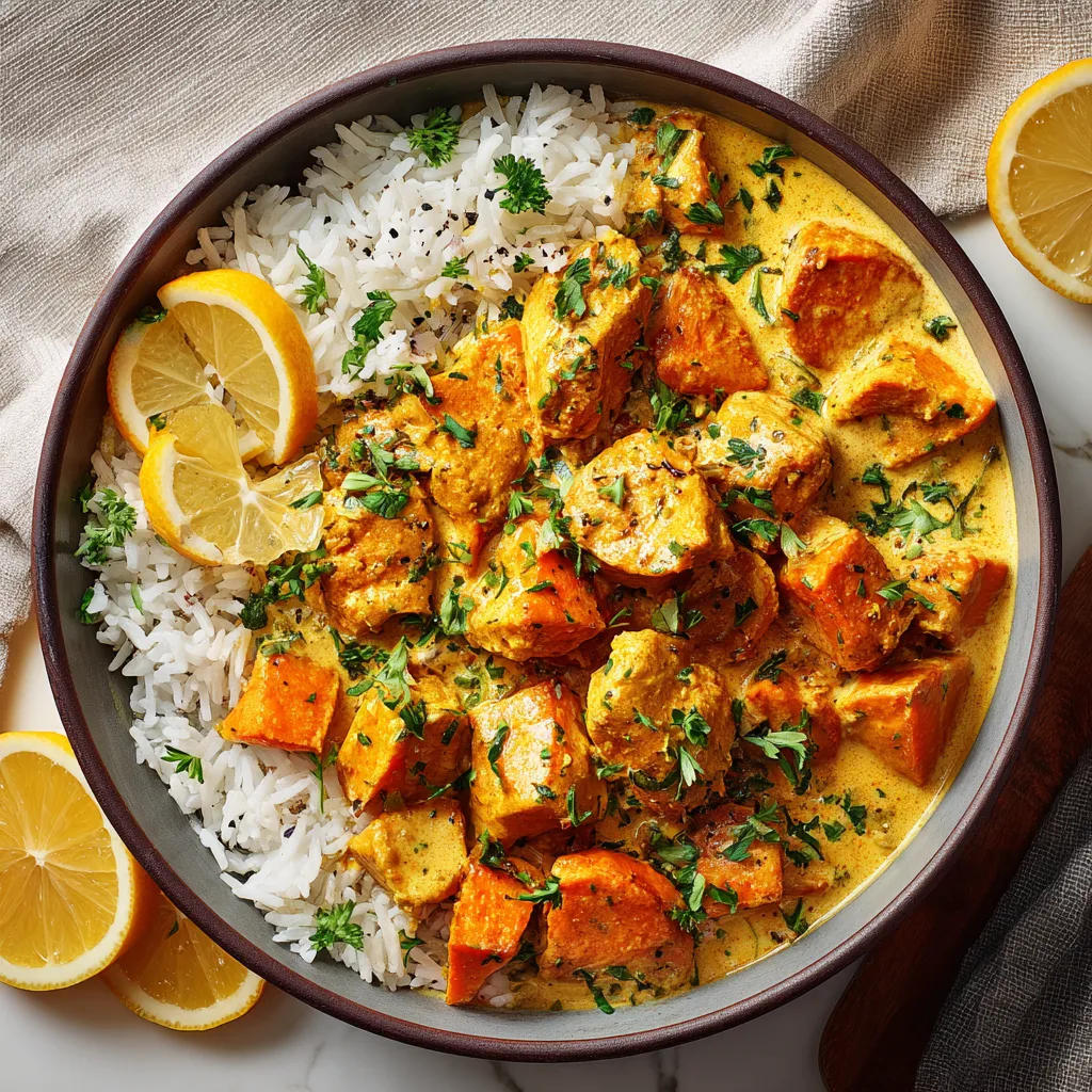 Eye-level photo showcasing a creamy sweet potato curry, highlighting its rich texture and colors.