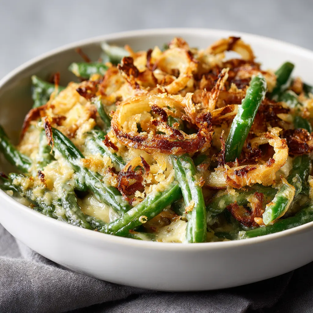 A delicious green bean casserole with melted cheese and a golden crispy topping, served in a rustic dish.