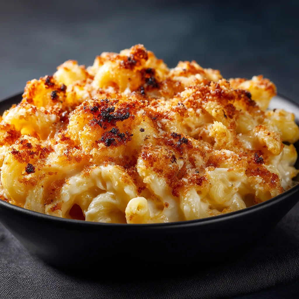 A warm serving of mac and cheese in a crockpot, featuring a rich cheesy texture and soft shadows.