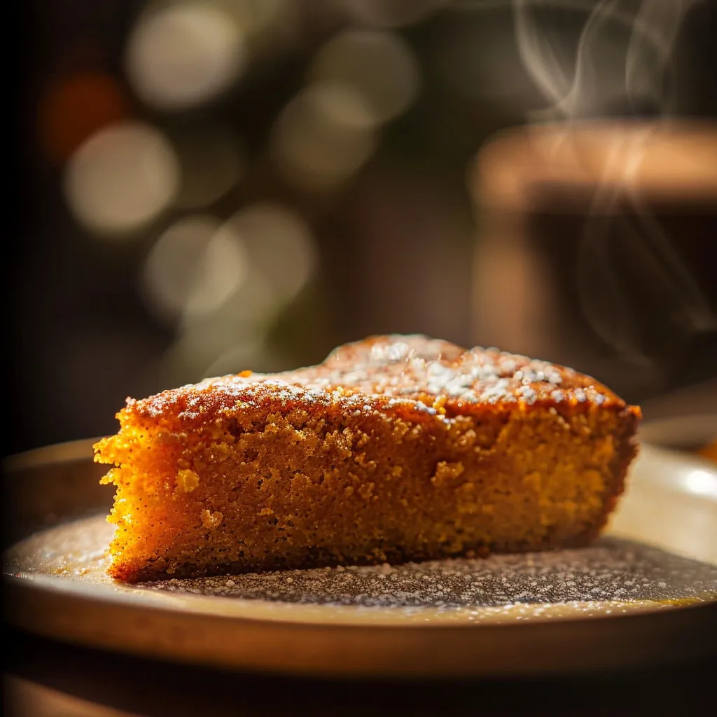 A delectable slice of Sweet Potato Butter Cake with rich buttercream frosting, captured with warm lighting.