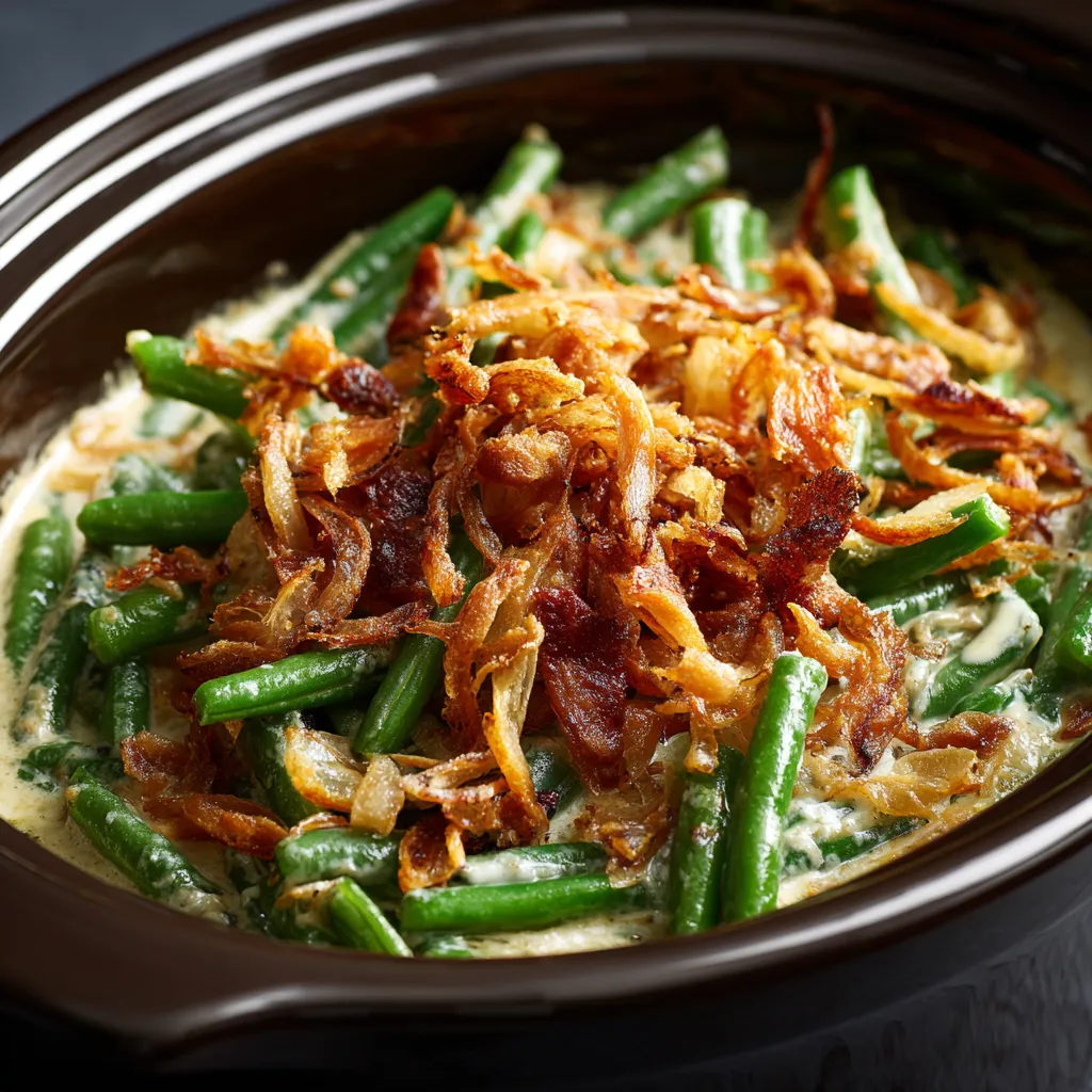 Detailed view of green bean casserole with melted cheese and crispy onions, illuminated by soft lighting.