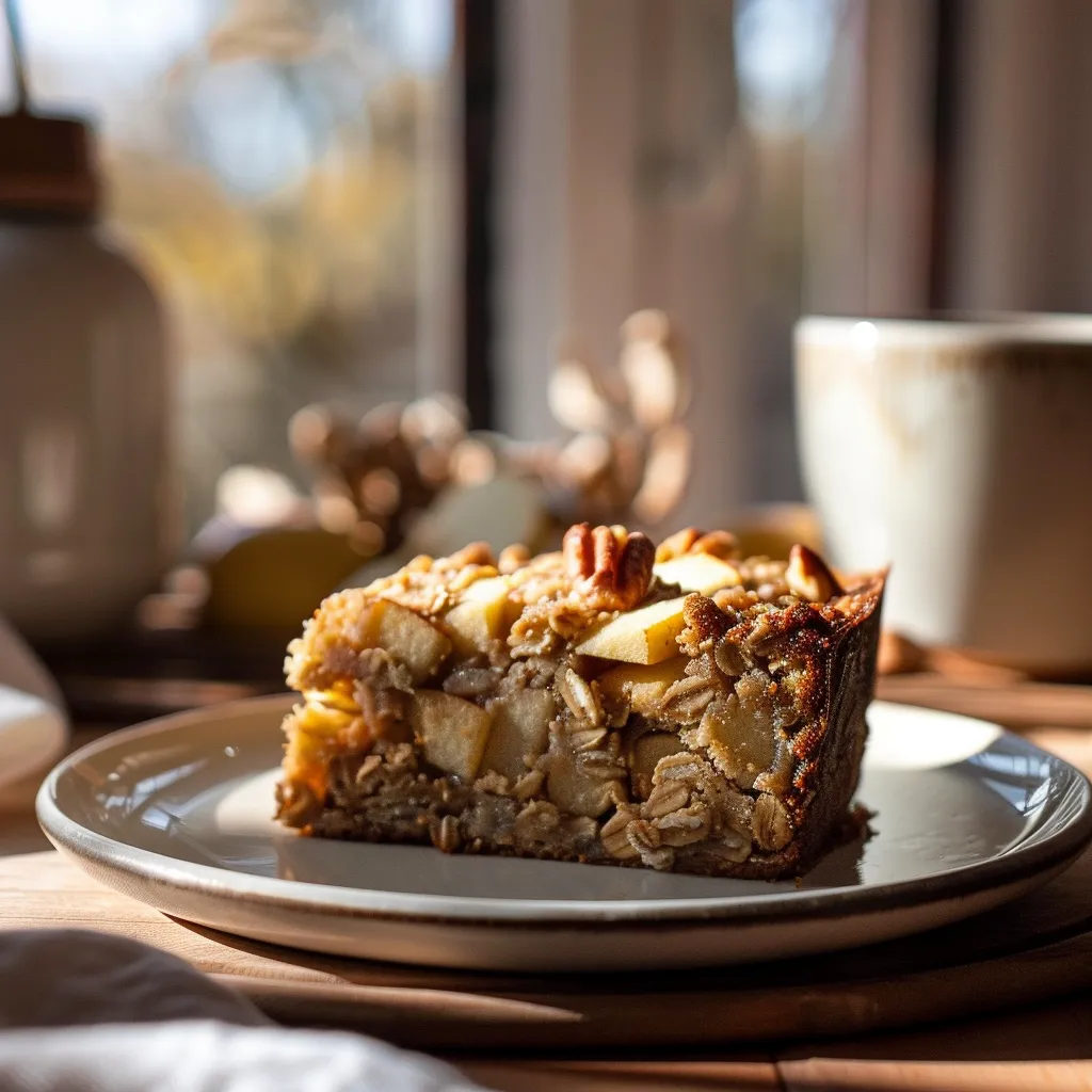 An eye-level shot of a Healthy Oatmeal Apple Cake, emphasizing its inviting layers and warm colors, with a blurred kitchen backdrop.