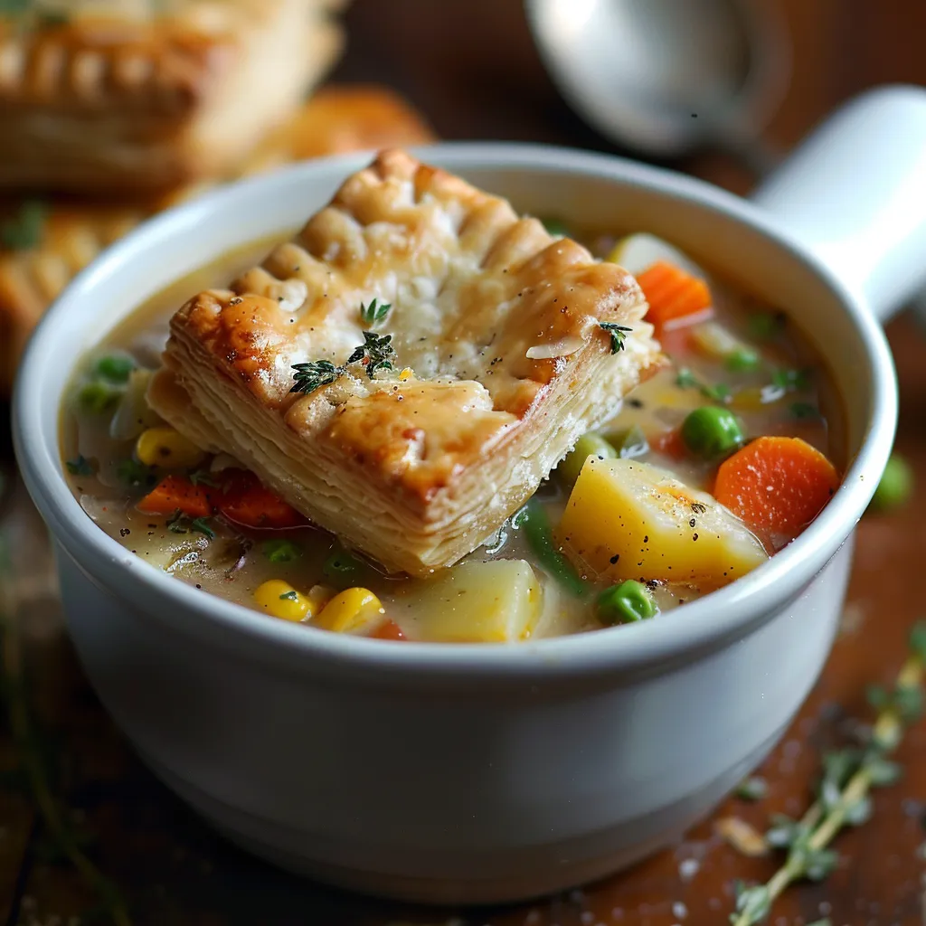 Cozy bowl of Veggie Pot Pie Soup with visible fresh vegetables and a hint of herbs, captured in soft natural light.