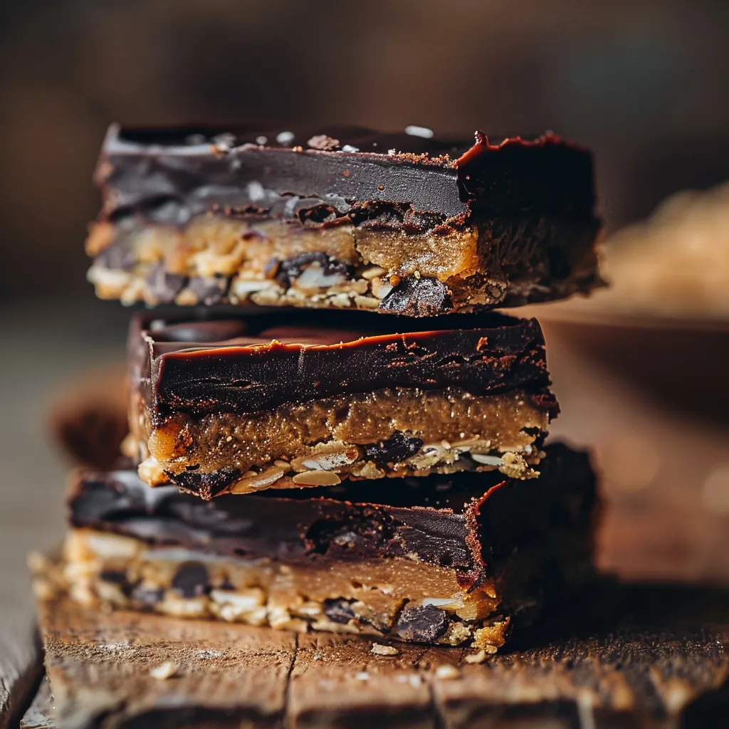 A beautiful presentation of Healthy Twix Bars, highlighting their distinct layers of chocolate, caramel, and almond crust.