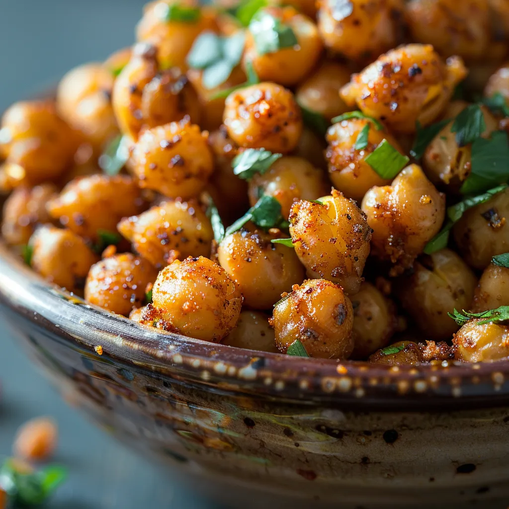 Detailed close-up of roasted chickpeas in warm natural light, showcasing their crunchiness.