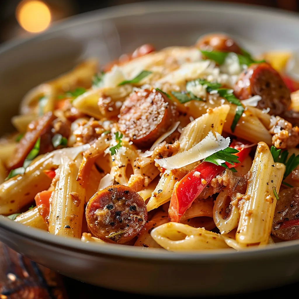 Tasty creamy Cajun sausage pasta elegantly presented on a rustic table.