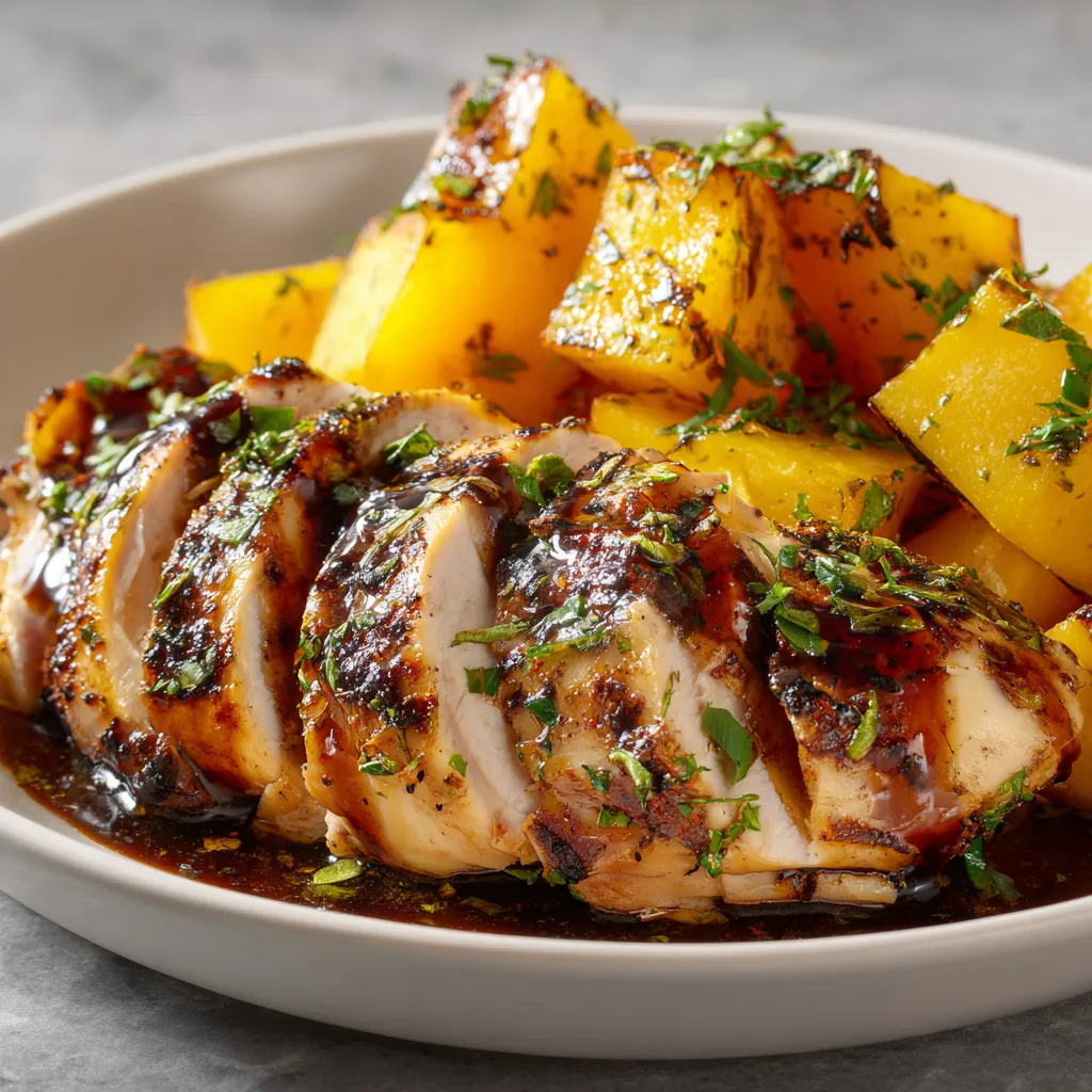 An appetizing dish of chicken thighs coated in maple glaze with diced sweet potatoes, artistically arranged.