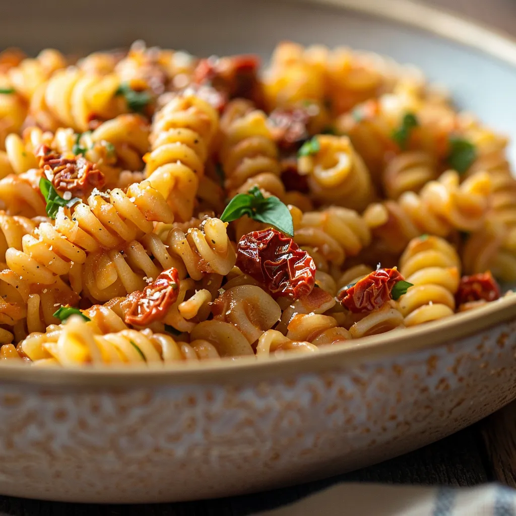 Delicious creamy pasta featuring sun-dried tomatoes, illuminated by soft natural light.