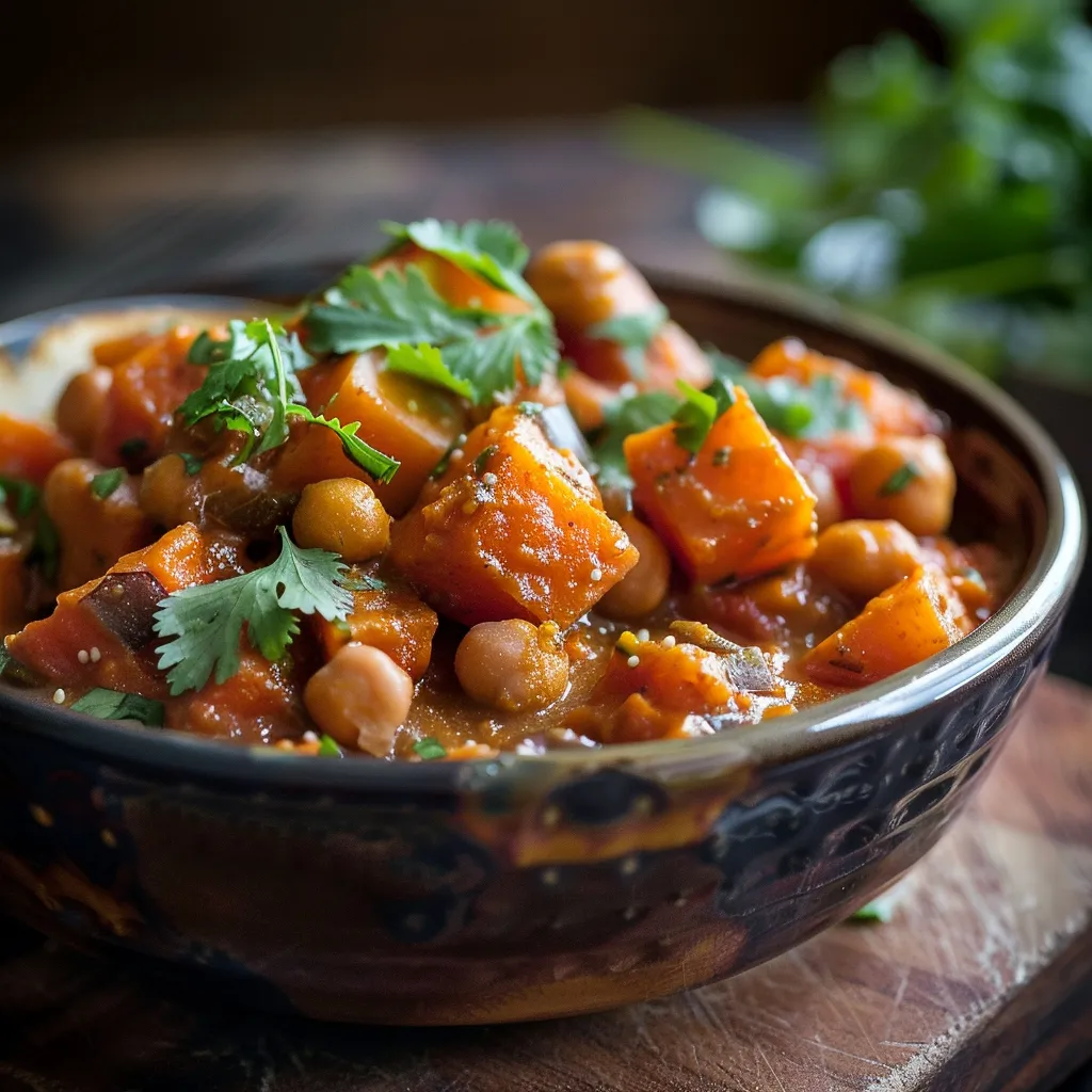 An eye-level capture of a hearty Sweet Potato and Chickpea Curry, highlighting the texture of the dish under warm natural lighting.
