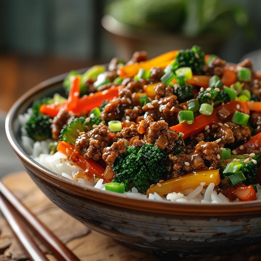 Detailed view of a stir-fry bowl with ground beef, mixed vegetables, and garnished rice.