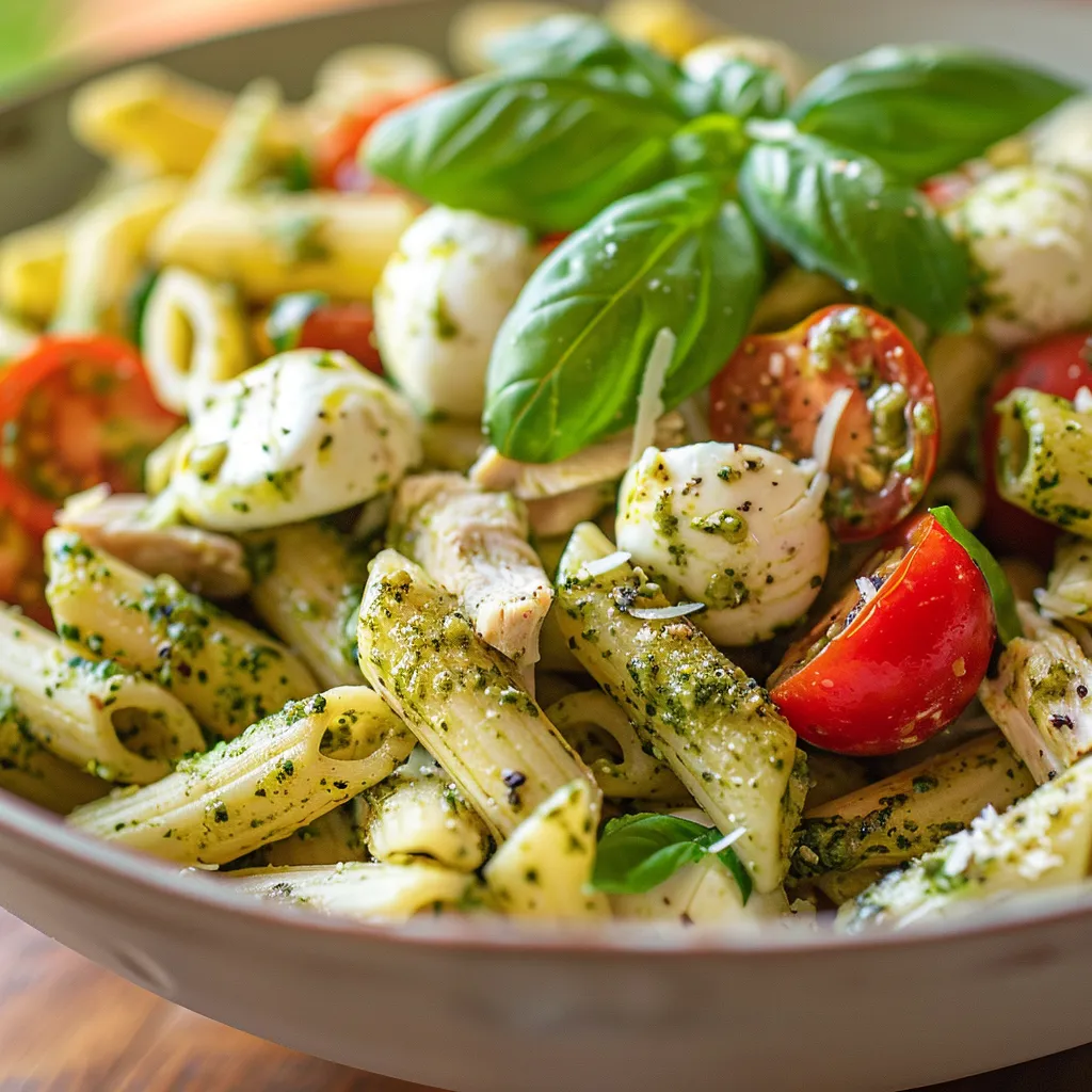 Delicious Healthy Garlic Parmesan Chicken Pasta, featuring grated parmesan and fresh basil on top.