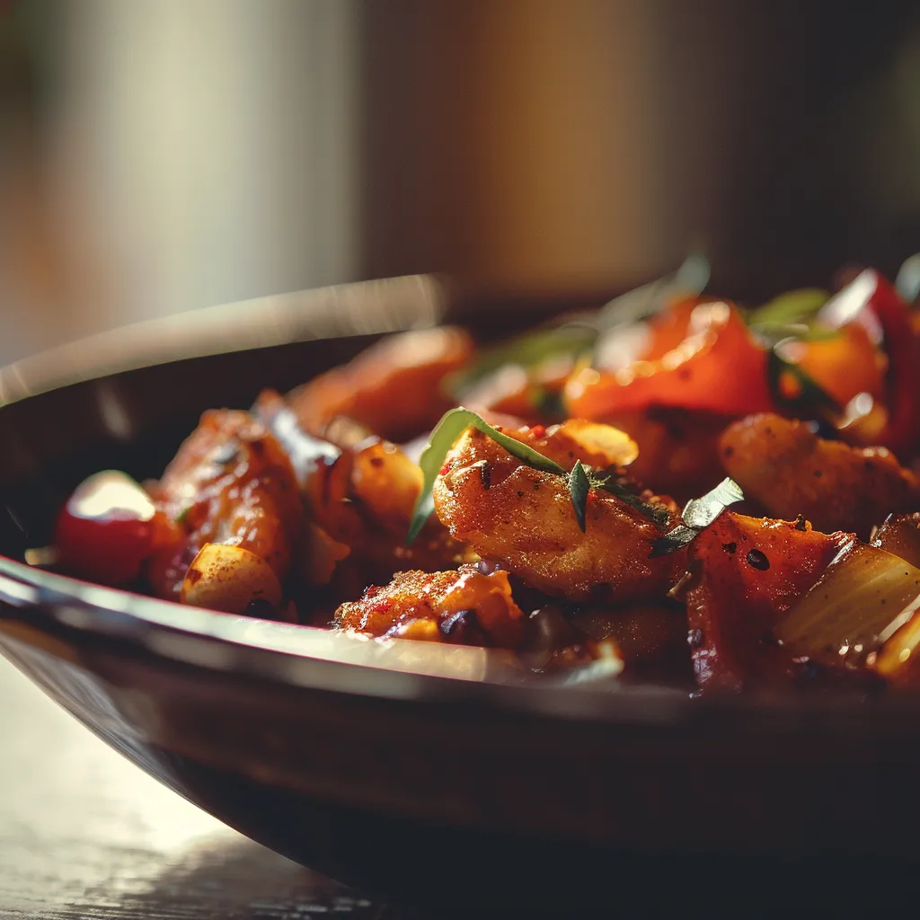 Close-up view of a delicious spicy meal, showcasing texture and warm colors in a cozy setting.