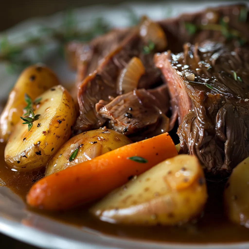 Appetizing slow-cooked pot roast dish featuring carrots, potatoes, and herbs.