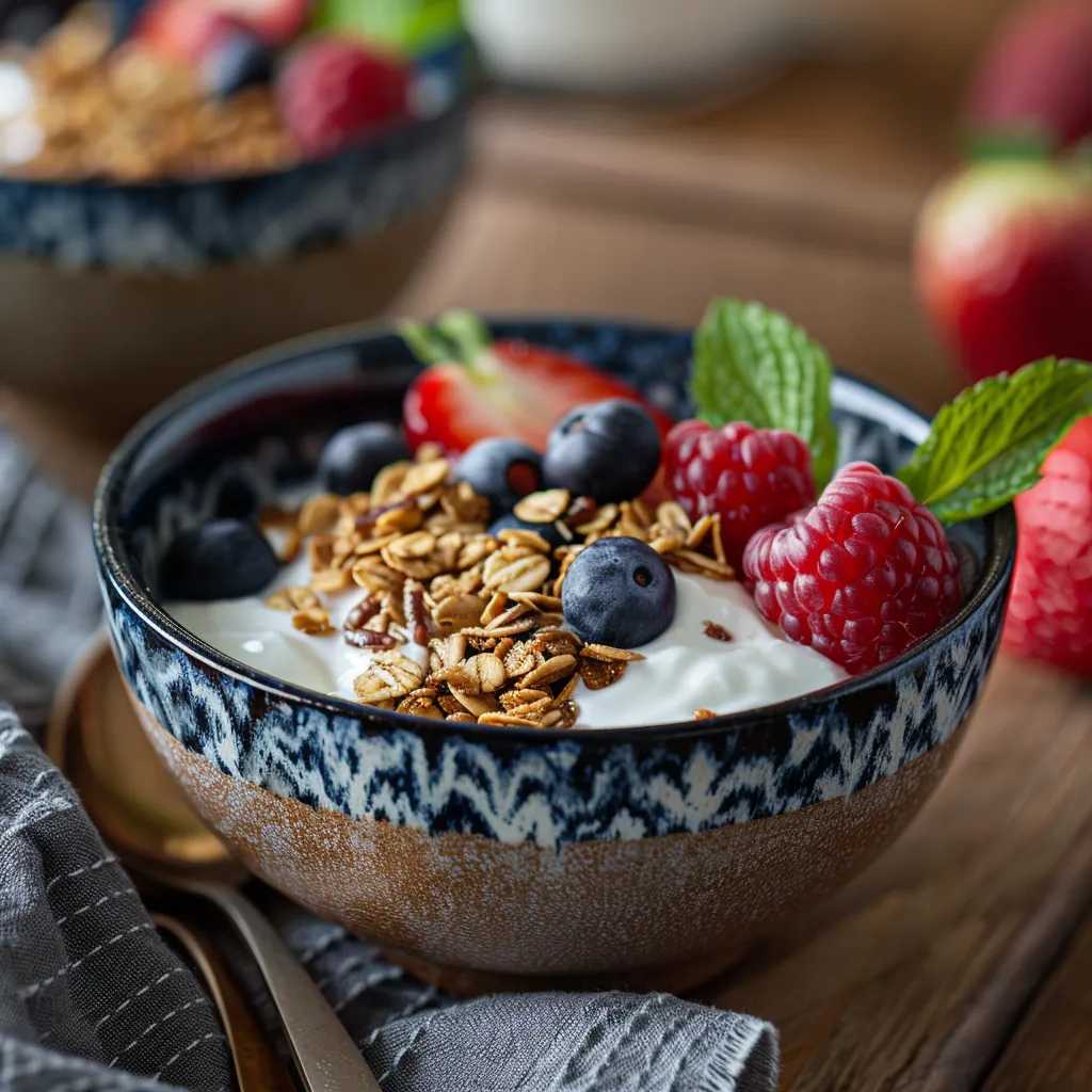 A vibrant yogurt and granola bowl featuring colorful fruits, displayed in a cozy setting with soft shadows.