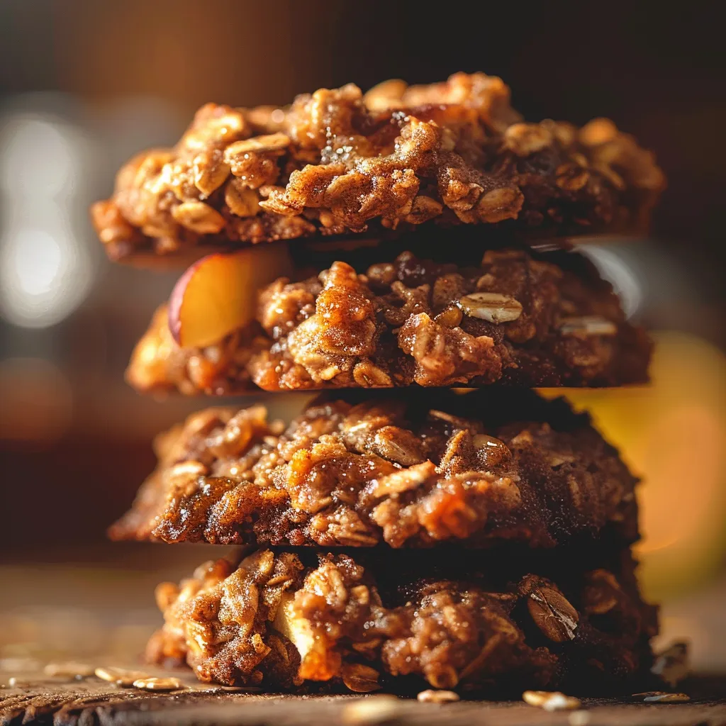 A mouthwatering stack of Healthy Apple Pie Oatmeal Cookies with soft shadows and natural light.