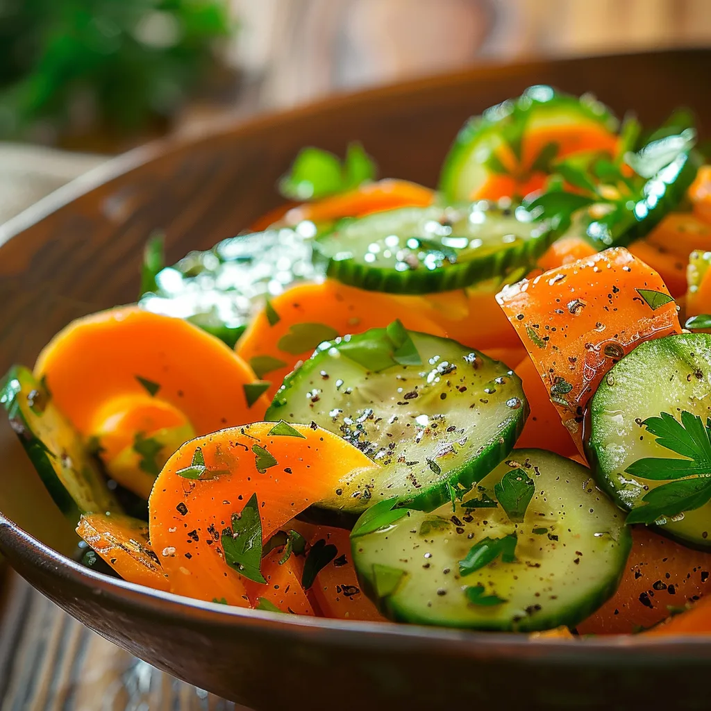 Detailed view of a Cucumber Carrot Salad, showcasing bright vegetables in natural lighting.