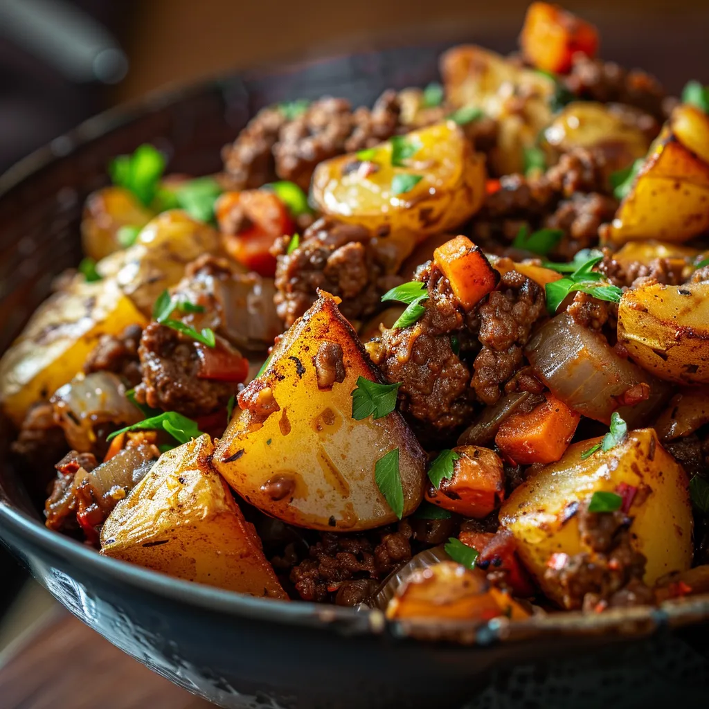 Detailed image of a hearty ground beef potato meal, showcasing tender diced potatoes and vibrant mixed veggies.