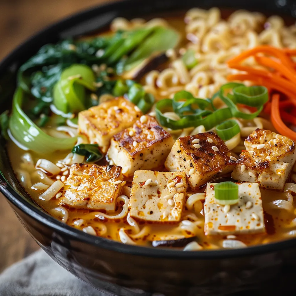 Eye-level view of a steaming bowl of Vegan Spicy Miso Ramen, garnished with sesame seeds.