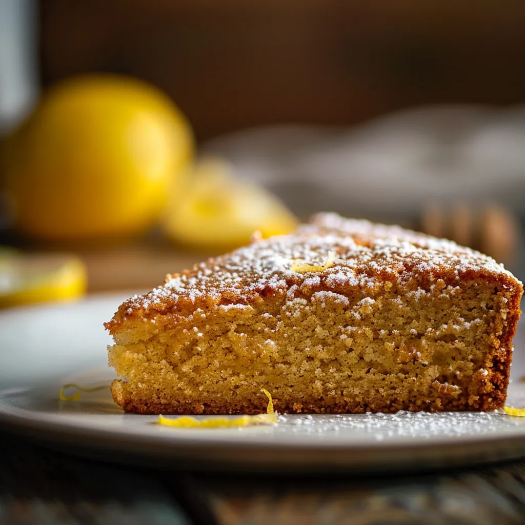Detailed view of a lemon cake, highlighting its soft layers and fresh lemon garnish.