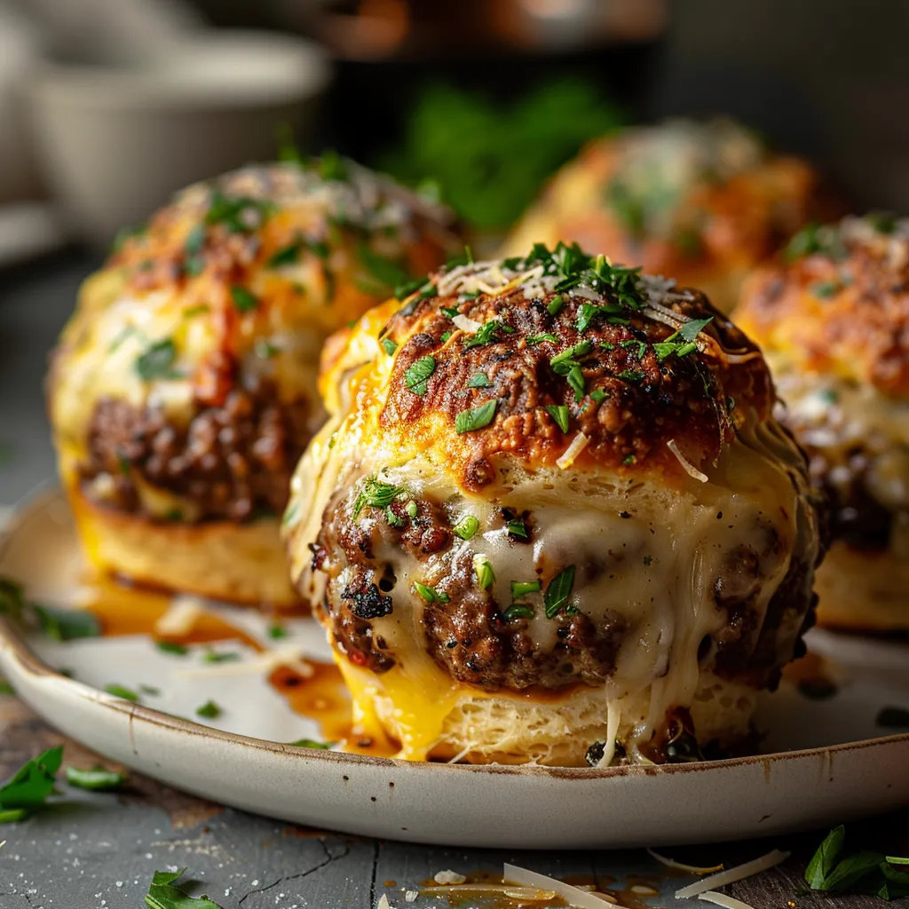 Eye-level shot of a freshly baked Garlic Parmesan Cheeseburger Bomb with a crispy exterior and savory toppings.