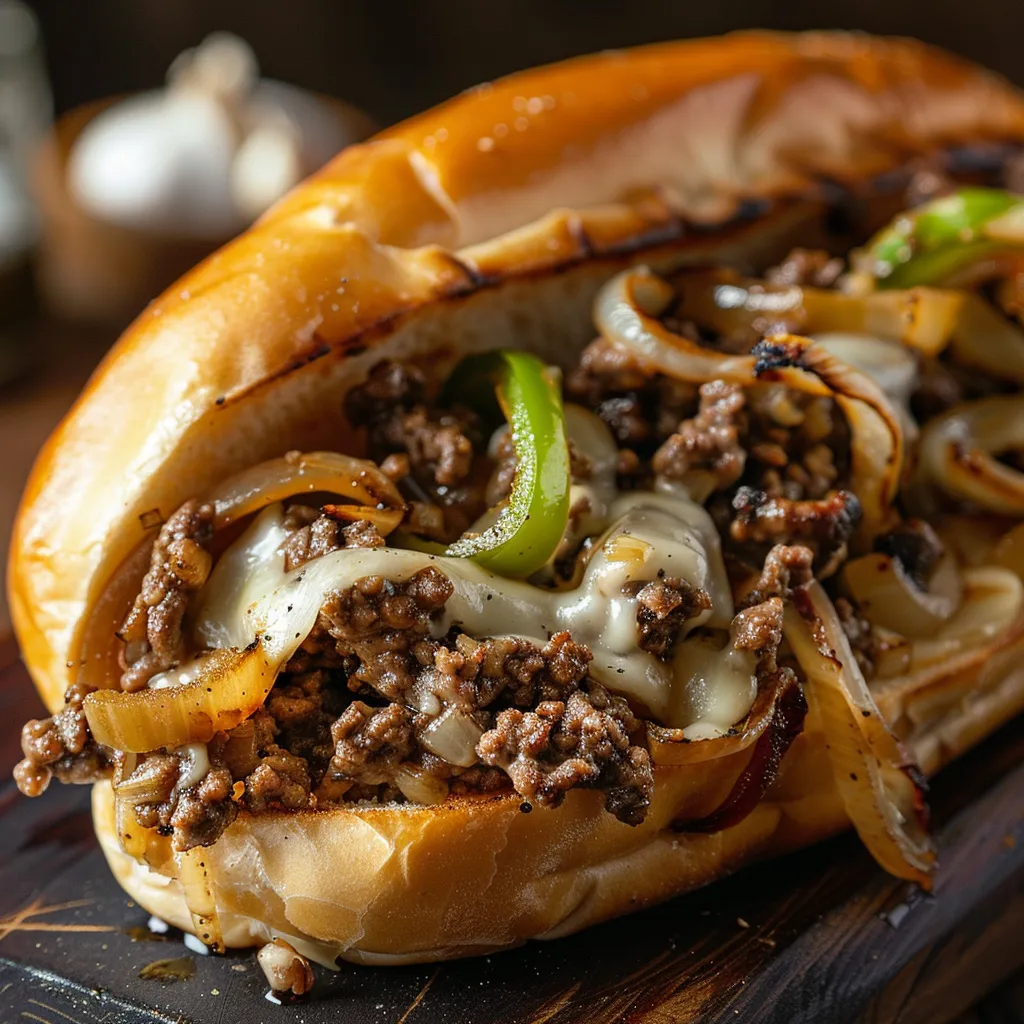 Warm, appetizing Ground Beef Philly Cheesesteak topped with provolone cheese and fresh ingredients.