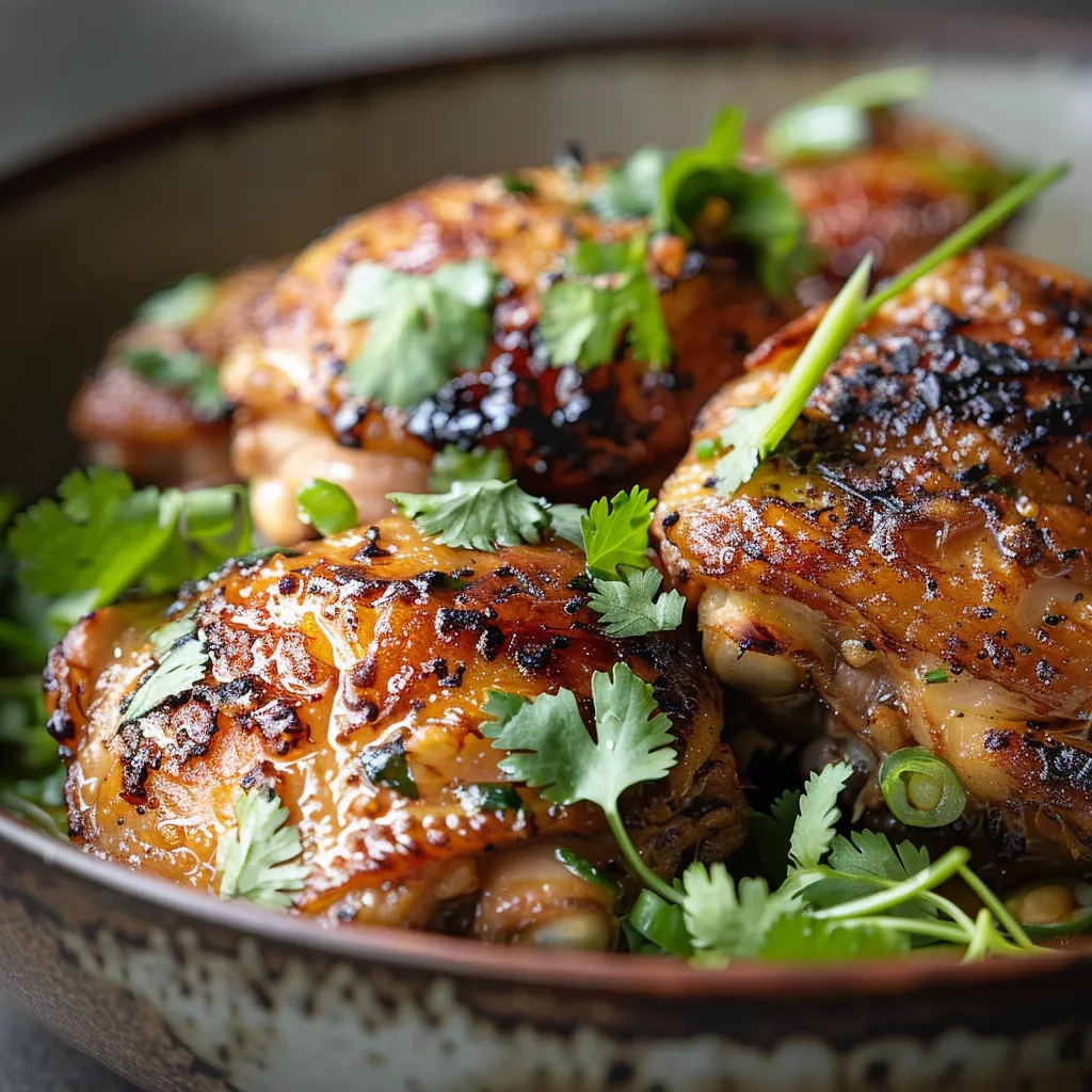 Juicy chicken thighs marinated with lemongrass and garlic, beautifully arranged.