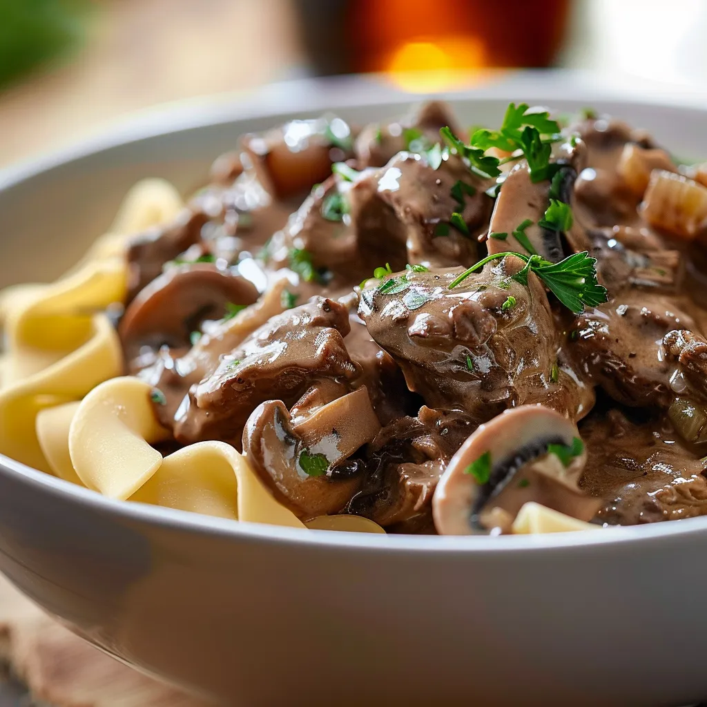 An appetizing plate of Beef Stroganoff showcasing tender meat and a rich sauce, garnished with fresh herbs.